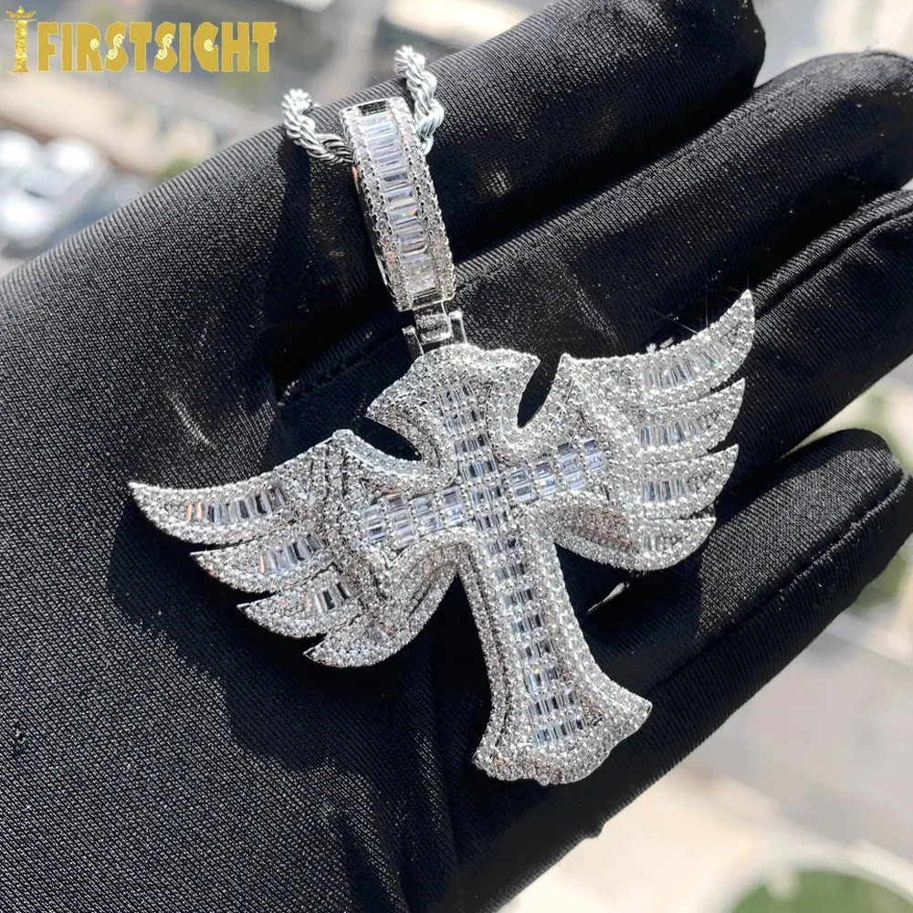 Iced Out Angel Wing Cross Necklace for Men Women Prong Setting Cubic Zirconia Silver Plated Pendant Hip Hop Jewelry 240226