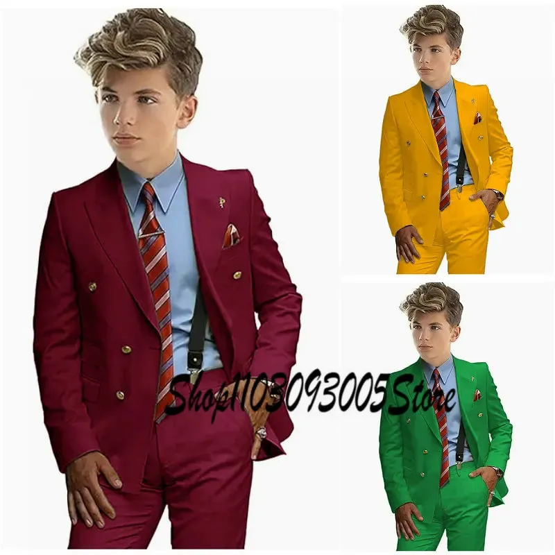 Suits Burgundy Boys Düğün İçin Takım Elbiseler 2 Parça 2 Parça Kıyafet Çift Kelime Kelime Pantolon Kıyafetler 216 Yıl Çocuk Doğum Günü Kıyafet Custom