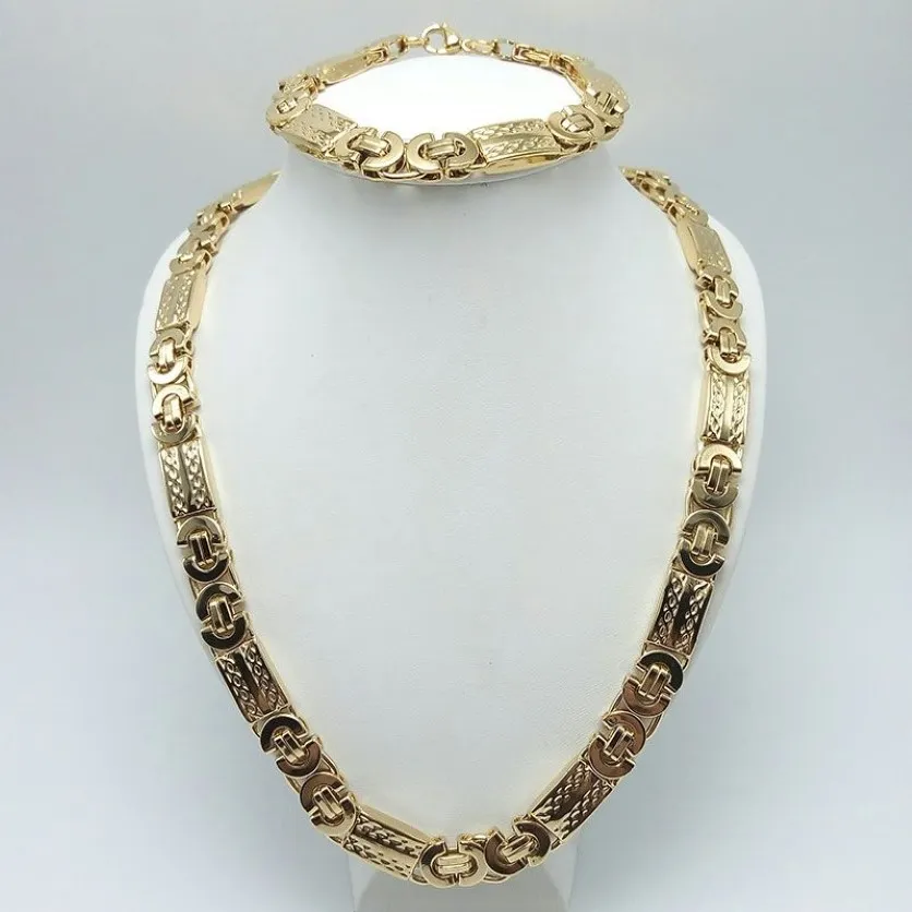 Collana e bracciale in acciaio inossidabile argento moda larghezza 11 mm Set di gioielli bizantini piatti personalizzati placcati in oro 18 carati per uomo2791
