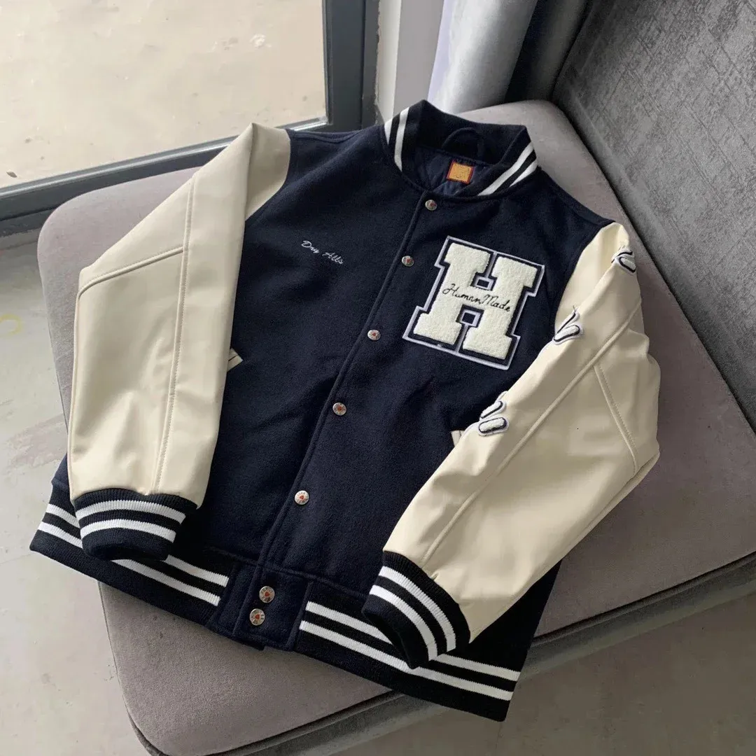Vintage Navy Blue Heart Flock H Letter Baseball Varsity Hh Jackets 
