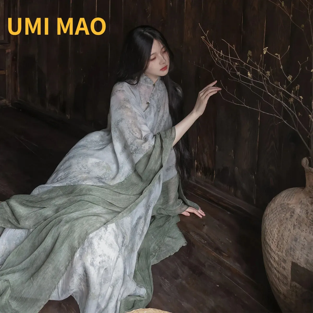 UMI MAO Homemade Womens Clothing Cool Chinese Style Cheongsam Sleeves Loose And Elegant Cold Green Literary Robe Dres 240220