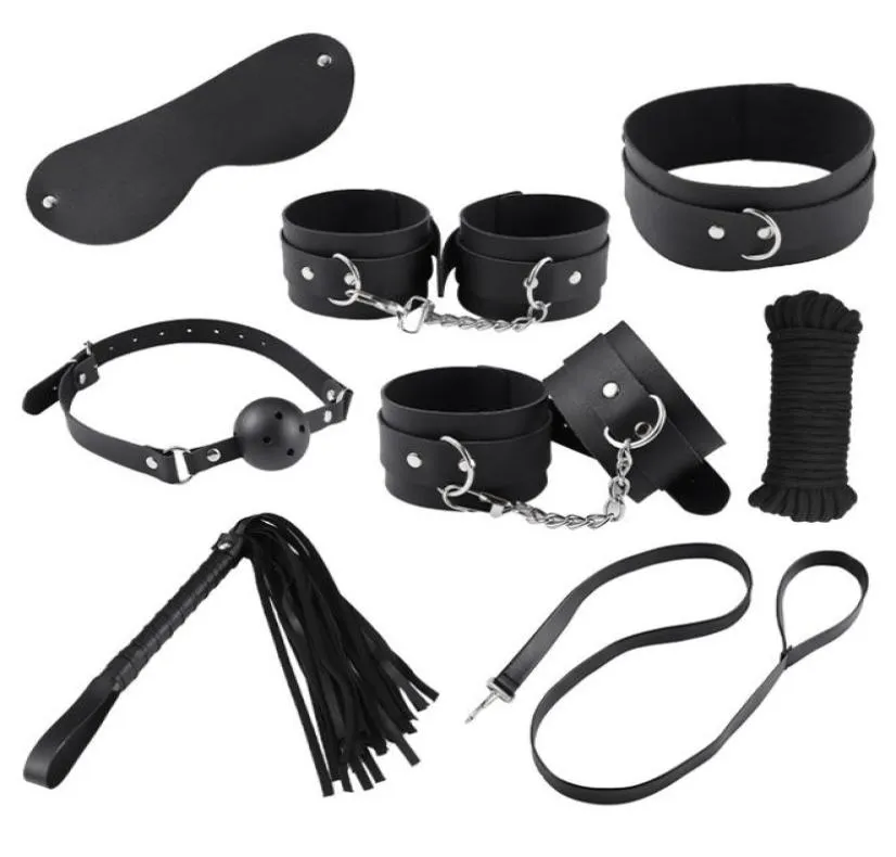 Conjunto de algemas de bondage, 8 peças, chicote, máscara de olho, pescoço, colarinho, corda, brinquedos sexuais, rosa, preto1192495