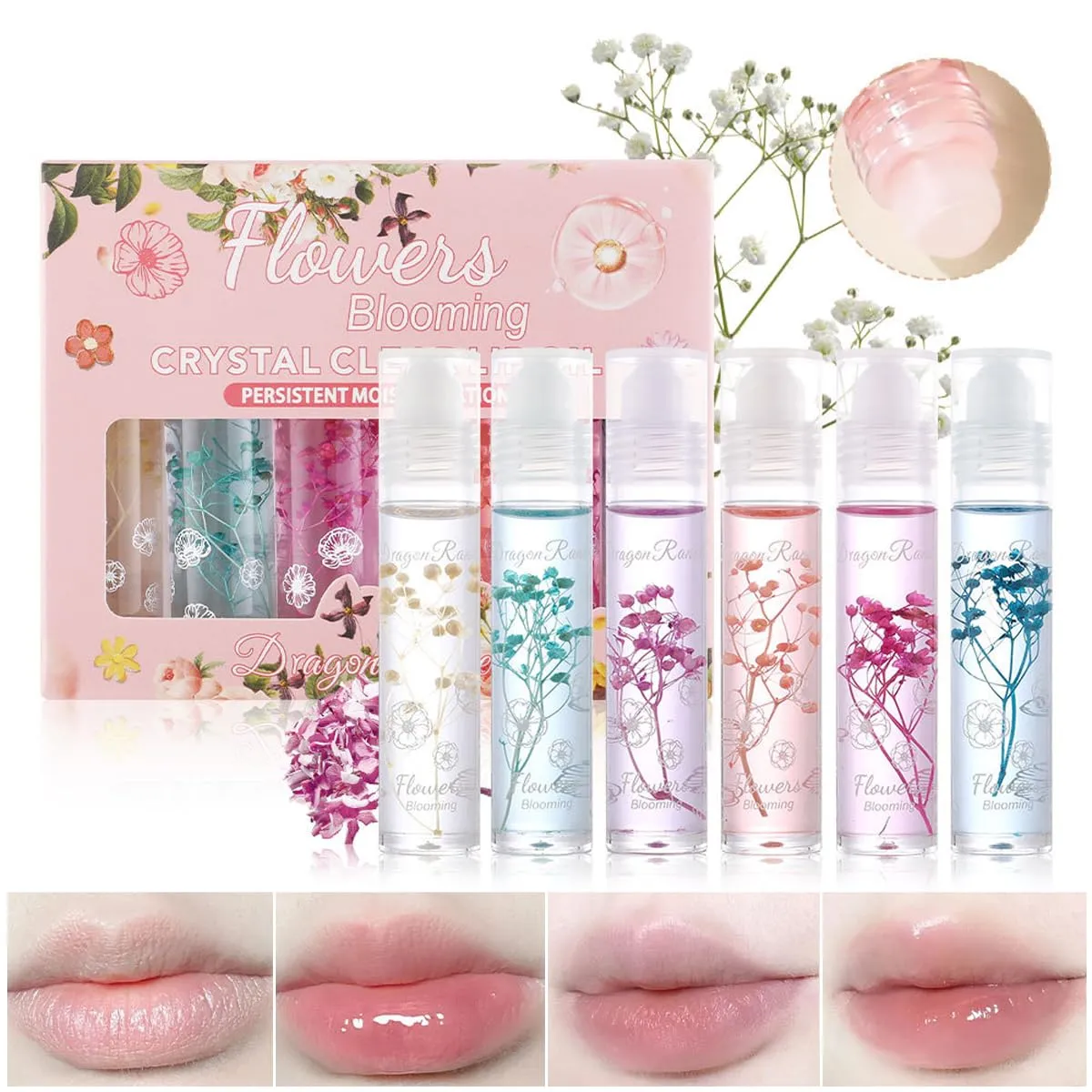 6 PCS Flowers Clear Lip Gloss 세트 크리스탈 천연 자연 보습 립 플럼 퍼 광택 기름에 롤 입술을 꽉 채우고 수분 수리 립 케어 제품