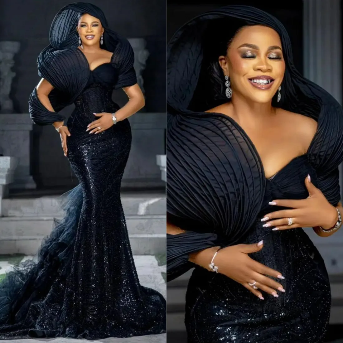 Nigéria Aso Ebi Robe de bal grande taille longue avec traîne en tulle détachable pour les occasions spéciales Robe de soirée sirène en dentelle perlée pour femmes noires AM425