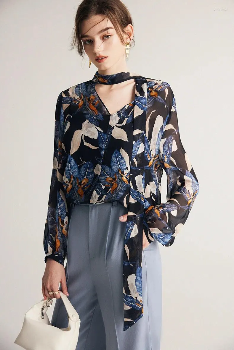 Damesblouses Hoge kwaliteit Dames Zijde Chiffon Print Lange mouwen Blouse Elegante dame Kantoorwerk Basic Top Shirts Mode Dames Slank