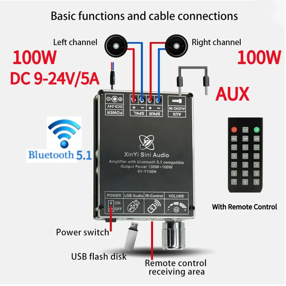 Динамики XYY100H Bluetooth 5.1 Цифровой усилитель мощности Плата 2*100 Вт Стереоусилитель TPA3116 AUX Динамик Модуль стереоусилителя с пультом дистанционного управления