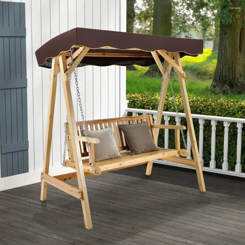 Camp Furniture Outdoor-Schaukel, 2-Personen-A-Gestell mit verstellbarem Baldachin, Handlauf, Hängekette, Holzterrasse