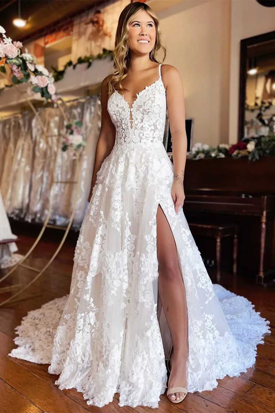 Gorgeous Lace A Line Boho Wedding Dresses Sexy New Spaghetti Straps Split Long Bridal Gowns Open Back Robes de mariage BC15295 0229