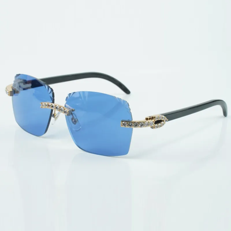 Fabrik-Bestseller im exquisiten Stil 3524018, Mikroschliff-XL-Diamantlinsen-Sonnenbrille, natürliche schwarze Wasserbüffelhorn-Brille, Größe 18–140 mm