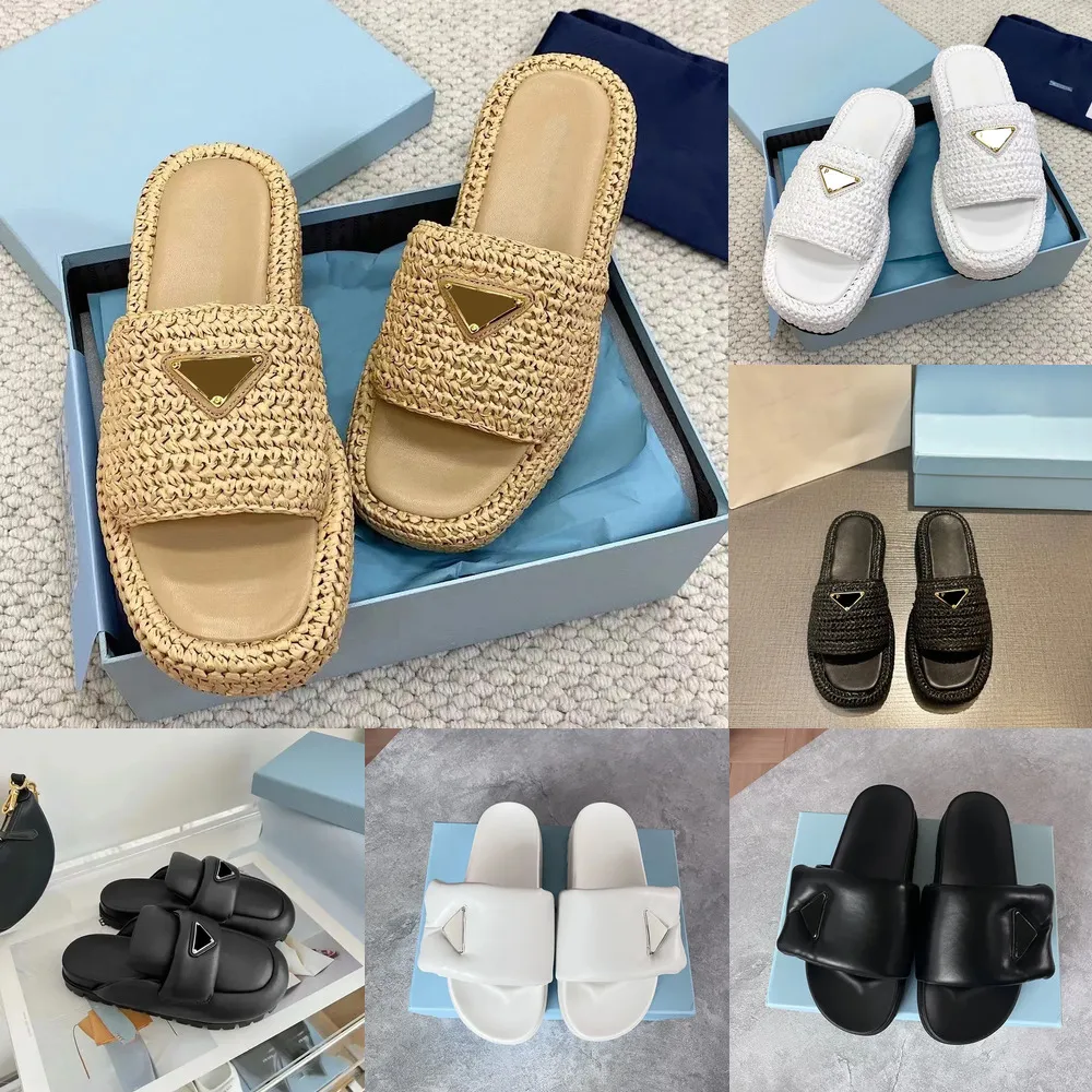 2023 Nouveau Prad Triangle Paille Weave Slipper Sandal Plate-forme Raphias Pantoufles Designer Femme Hommes Été Talon Plat Casual Tongs Extérieur