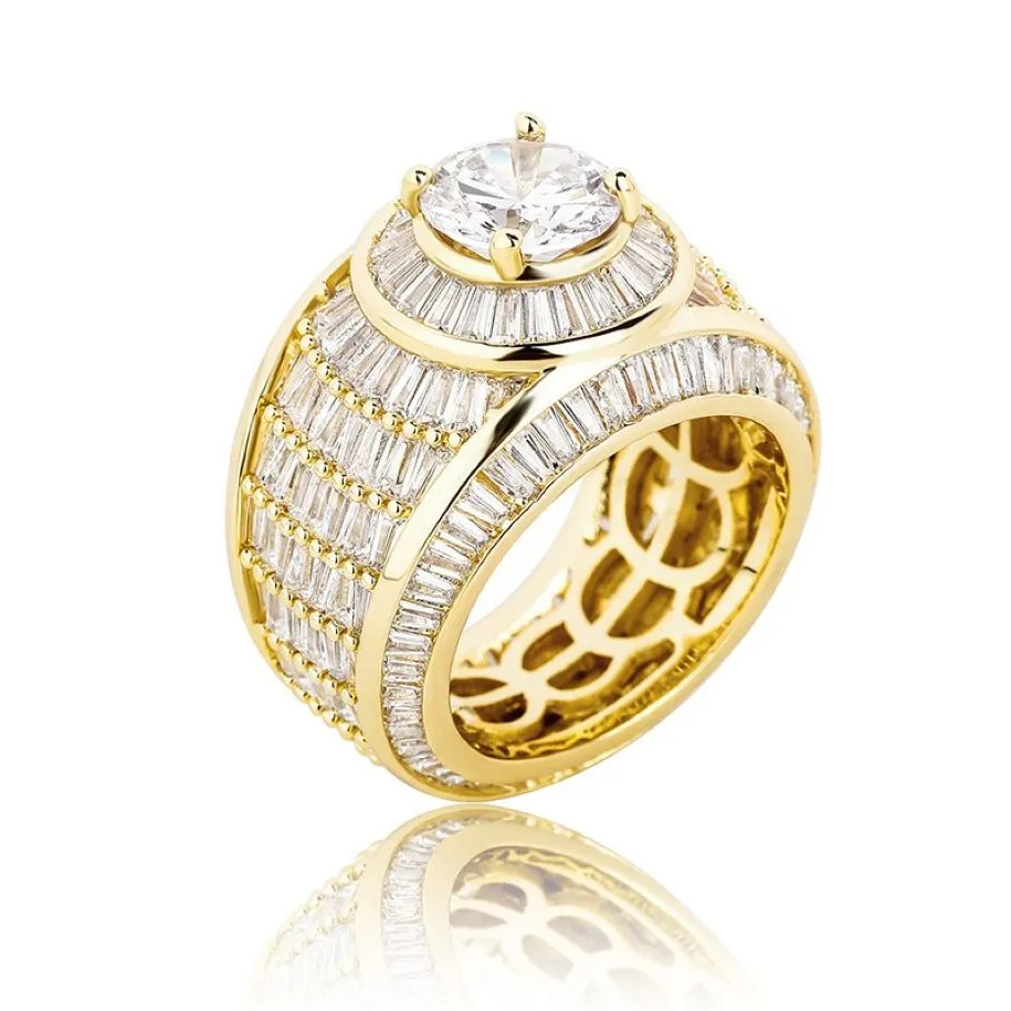 Anéis de pedra de diamante cheio de hip hop masculino bling 18k banhado a ouro real zircão cúbico anel de dedo jóias gift291n