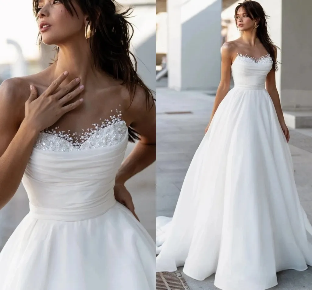 Vintage pérola pescoço vestido de casamento simples plissado elegante ilusão pescoço cetim organza a linha vestidos de noiva sem mangas robe de mariee vestidos de novia