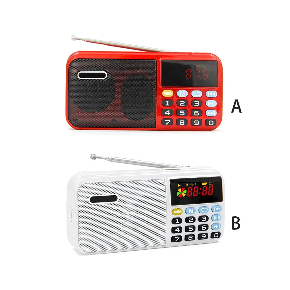 Radio Wireless Speaker FM Radio Music Player Mini USB Rechargeable Pocket Antenna Outdoor Hiking Walking Flashlight for Elderly Red