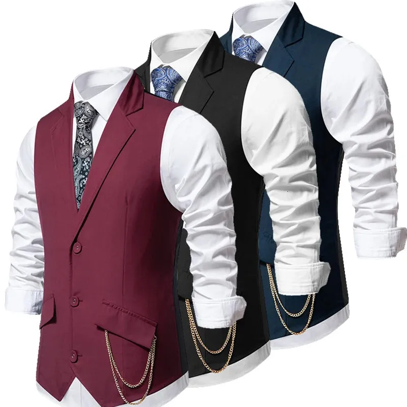 Gilet Slim classique de couleur unie pour hommes, costume d'affaires décontracté, revers à revers avec accessoires de chaîne, gilets de Banquet de mariage 240223