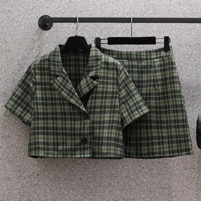 Robes de travail Y2K Plaid Vert Costume Noté Blazer Crop Top Et Mini Une Ligne Jupe Deux Pièces Ensemble Femmes Mode D'été High Street Vêtements L-4XL