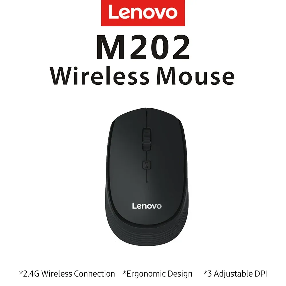 Möss Lenovo M202 2.4 GHz Trådlöst muskontor 4 Keys Mute Mice Ergonomisk design med 3 justerbara DPI för PC Laptop Black