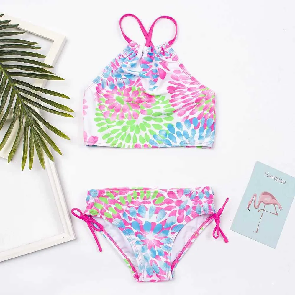 Simkläder 2023 Flower Print Girls Kids Swimewear Swimsuit Summer Children Teen Studenter Biquini Infantil Kids Girls Bikini Set Baddräkt 240229