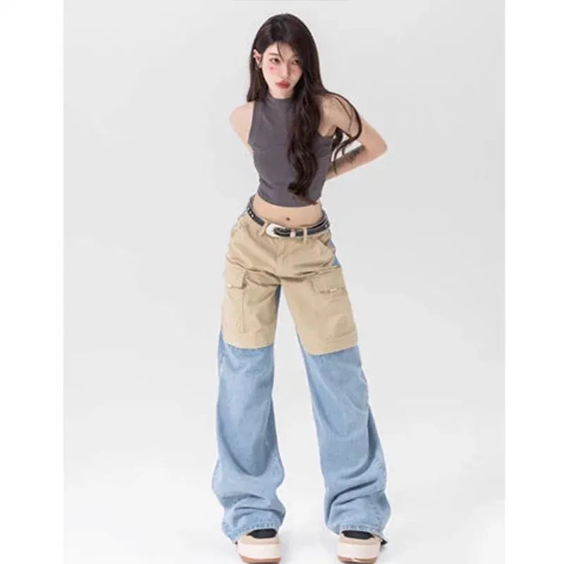 Jean Y2K printemps et été nouvelles couleurs contrastées jean en Denim épissé pour femme pantalon à jambes larges taille haute pantalon de rue