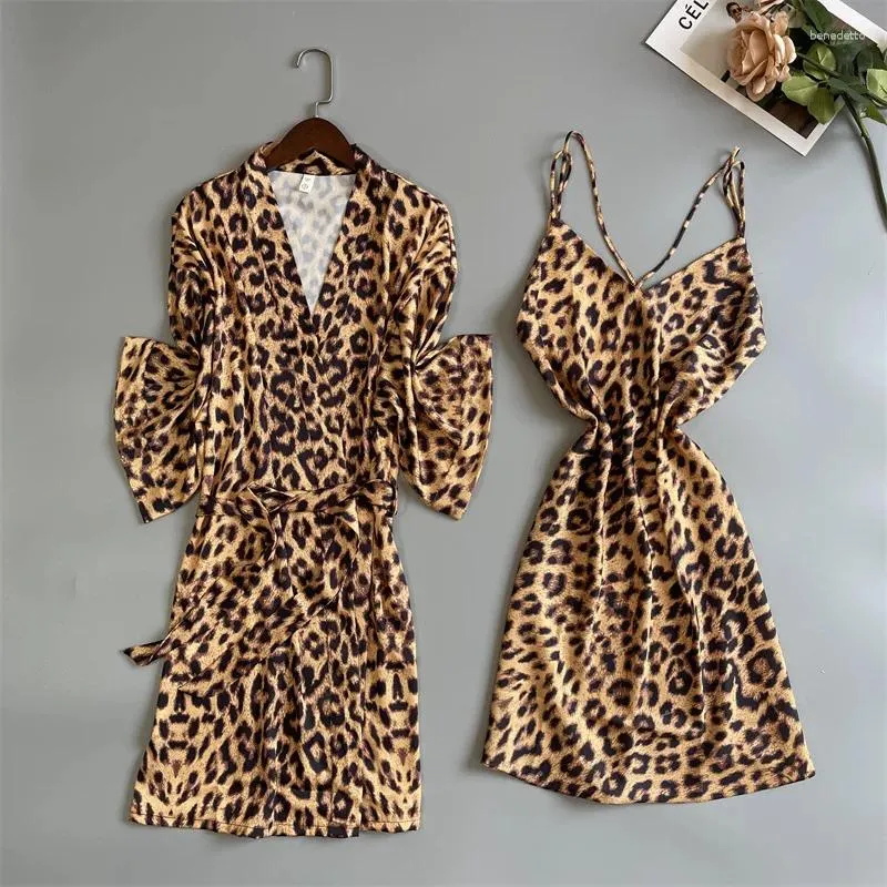 Damen-Nachtwäsche, Leoparden-Robe-Set, Nachthemd, Eisseide, Homewear, Damen-Sommer-Bademantel, Kleid, Satin-Nachthemd, Femme, Kimono-Anzug