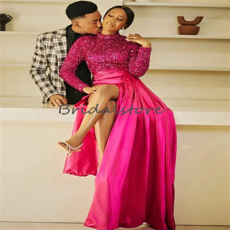 Beautiful Fuchsia Black Girls Prom Dress With Slit High Neck Long Sleeve Sequin Evening Dresses Floor Length Ceremony Formal Occasion Party Gowns Robes De soiree