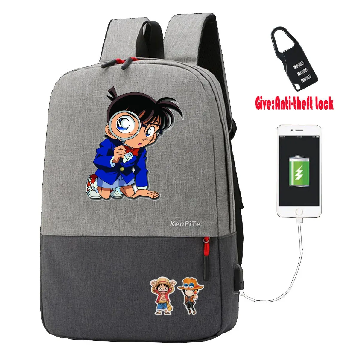 Sırt çantası anime dedektif conan sırt çantası unisex antitheft dizüstü bilgisayar çantası usb şarj sırt çantası öğrenci kitap çantaları gençler seyahat sırt çantası