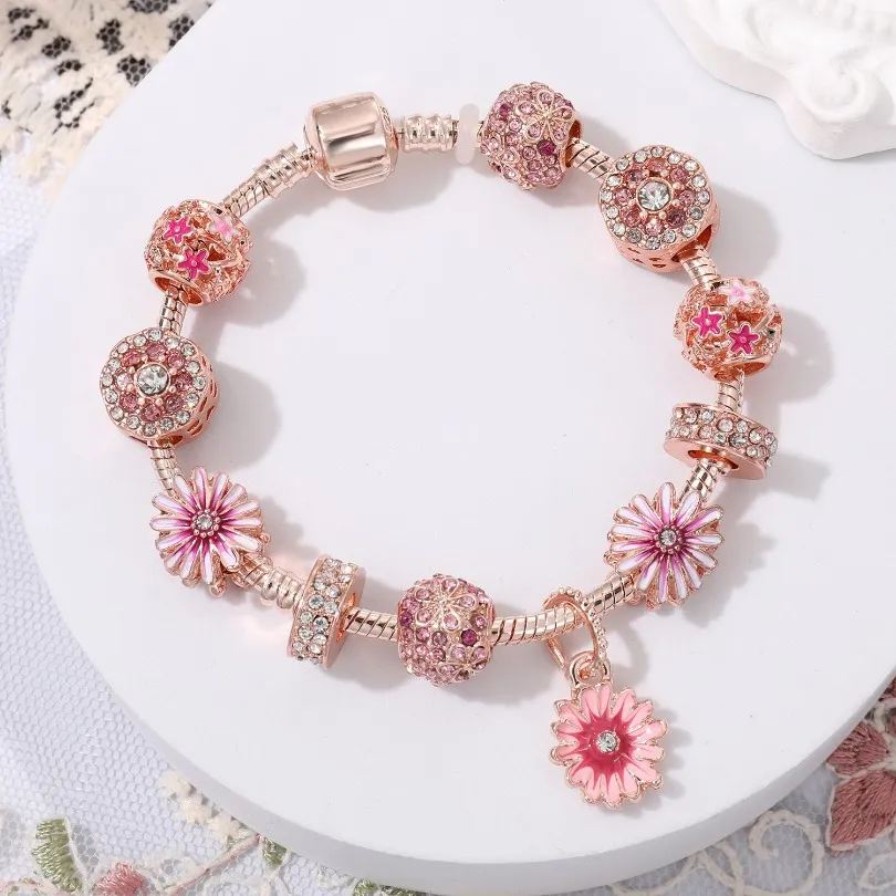 Novo atacado pequena margarida flor pulseira estilo grande buraco grânulo rosa ouro diy frisado pulseiras marca designer jóias de luxo