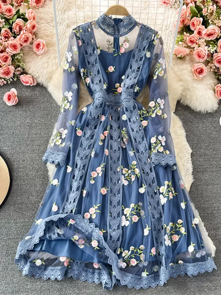 Boheemse herfst lente bloem geborduurde jurk voor dames lange mouwen kant mesh bloem blauw elegante vakantie feest dames midi vestidos 240229