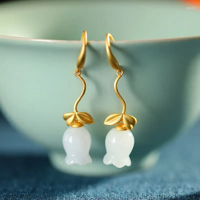 Dangle Earrings Natural Hetian Jade Lily Eardrops White Magnolia Flower Women's Fashion Golden Leaf