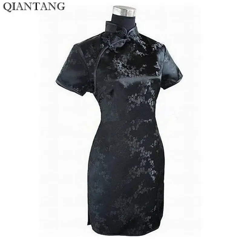 Schwarzes traditionelles chinesisches Kleid Mujer Vestido Damen Satin Qipao Mini Cheongsam Blume Größe S M L XL XXL XXXL 4XL 5XL 6XL J4039 240226