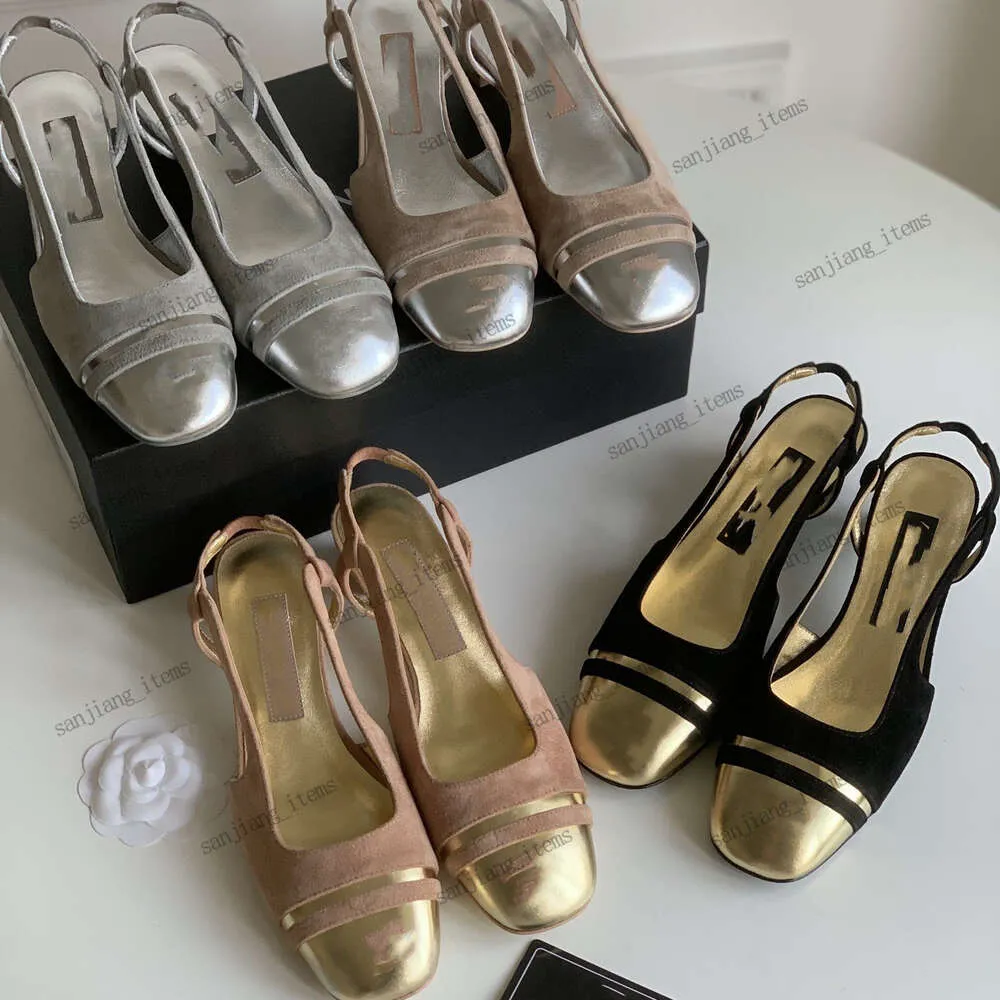 Metálico Light Gold Cap Toe Slingback Pump Heel Sandálias Goatskin Mulheres 2024 Verão Square Toes Slides Designer Sapatos Festa Casual Mules Bege Rosa Preto Cores