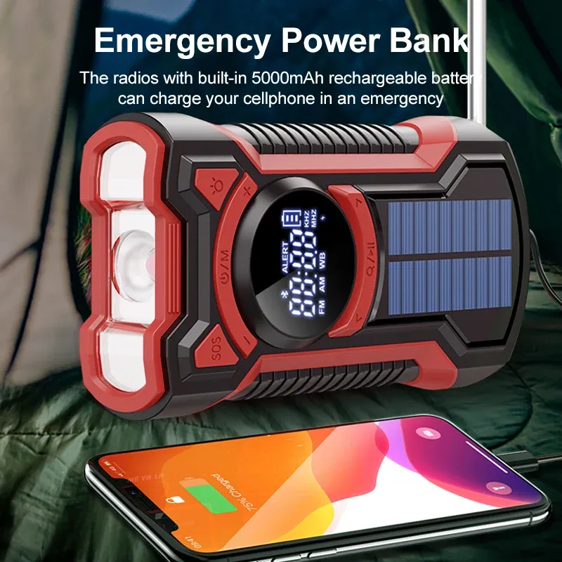 Radio 5000 mAh Multifunctionele radio Handslinger Solar USB Opladen FM AM WB NOAA Weerradio met LED-zaklamp Power Bank-oplader