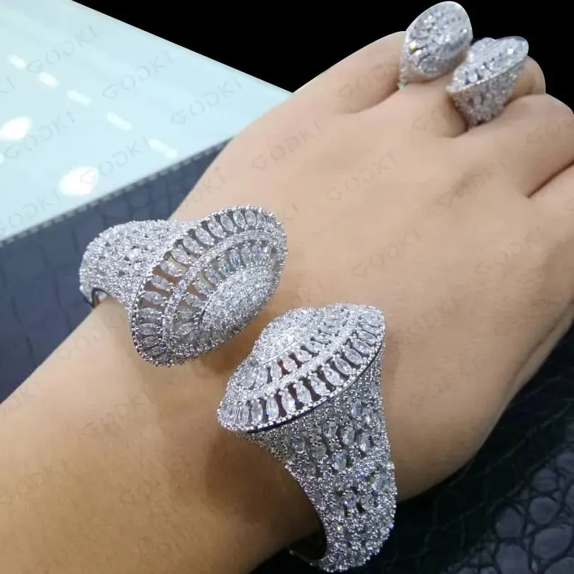 GODKI-Conjunto de joyería apilable para mujer, Bola de discoteca de lujo a la moda, boda, circonita cúbica AAA, pulsera de Dubái, anillos de brazalete para fiesta 240228