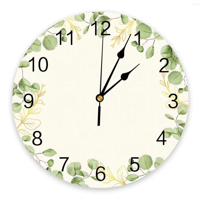 Orologi da parete Estate Acquerello Verde Foglie di eucalipto Grande orologio da pranzo Ristorante Caffetteria Decorazione rotonda Decorazione domestica