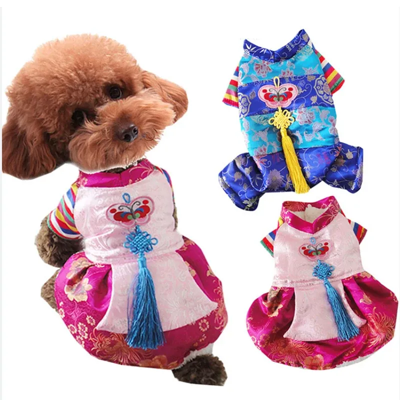 Klänningar Nya koreanska nationella husdjurskläder traditionella broderade domstol Hanbok sommarhundkläder för små hundar tjejpojke valp kostym