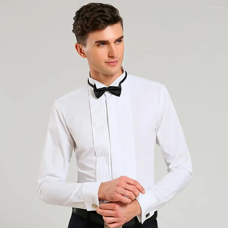 Koszule męskie Drupijka Męska koszula Elegancka formalna przyjęcie weselne z muszką Lapel-U-Up Groomsmen Attire Solid Kolor