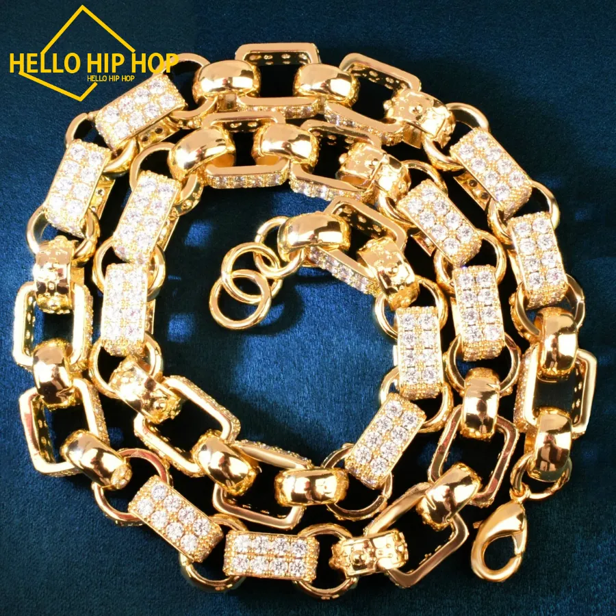Mens Gold Plated Box Link Chain Necklace with Iced Out Cubic