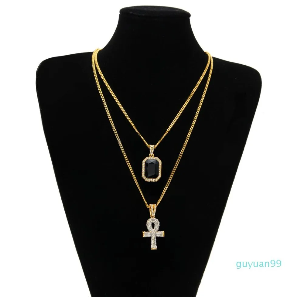 Egyptian Ankh Key of Life Bling Rhinestone Cross Pendant With Red Ruby Pendant Necklace Set Men Hip Hop Jewelry192Y