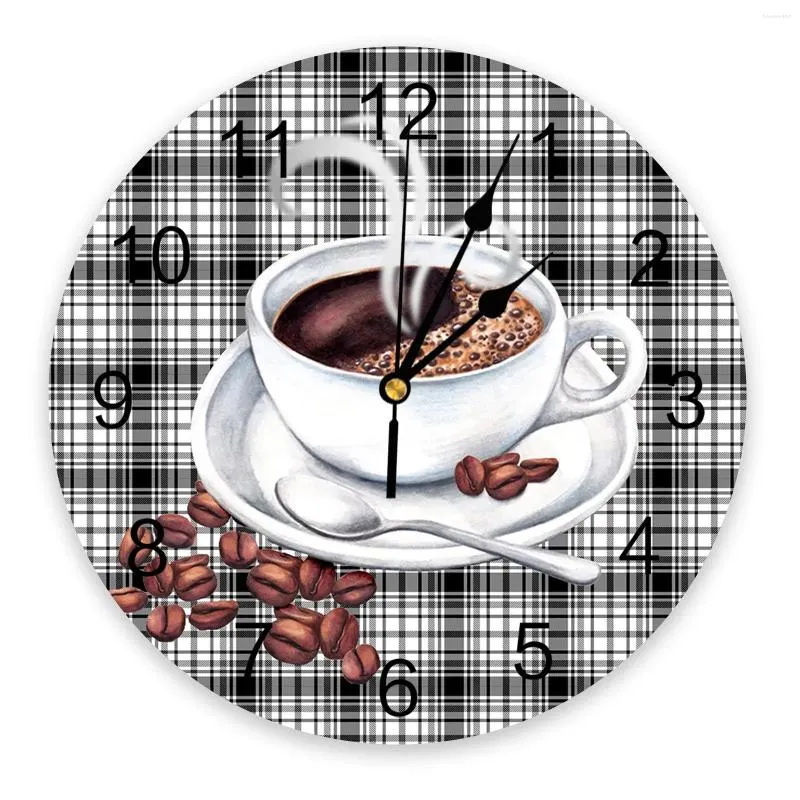 Wall Clocks Black And White Grid Coffee Beans Silent Home Cafe Office For Kitchen Art