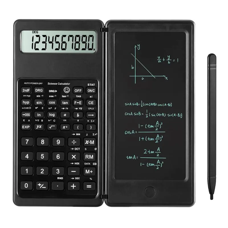 Calculadoras científicas multifuncionais dobráveis, tela grande de 10 dígitos com bloco de notas, tablet de escrita apagável, bloco de desenho digital, cálculo matemático