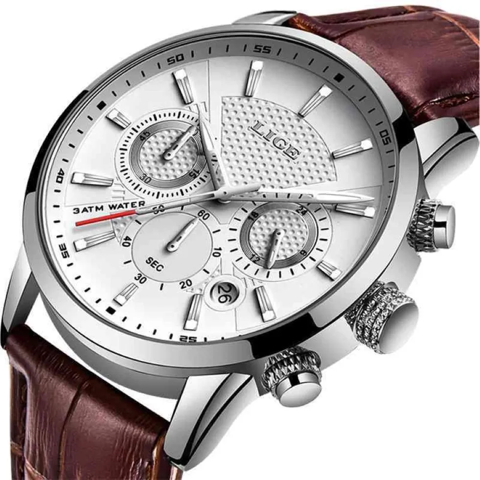Мужские часы LIGE, лучший бренд, кожаный хронограф, водонепроницаемые спортивные автоматические кварцевые часы с датой для мужчин, Relogio Masculino 2104073039