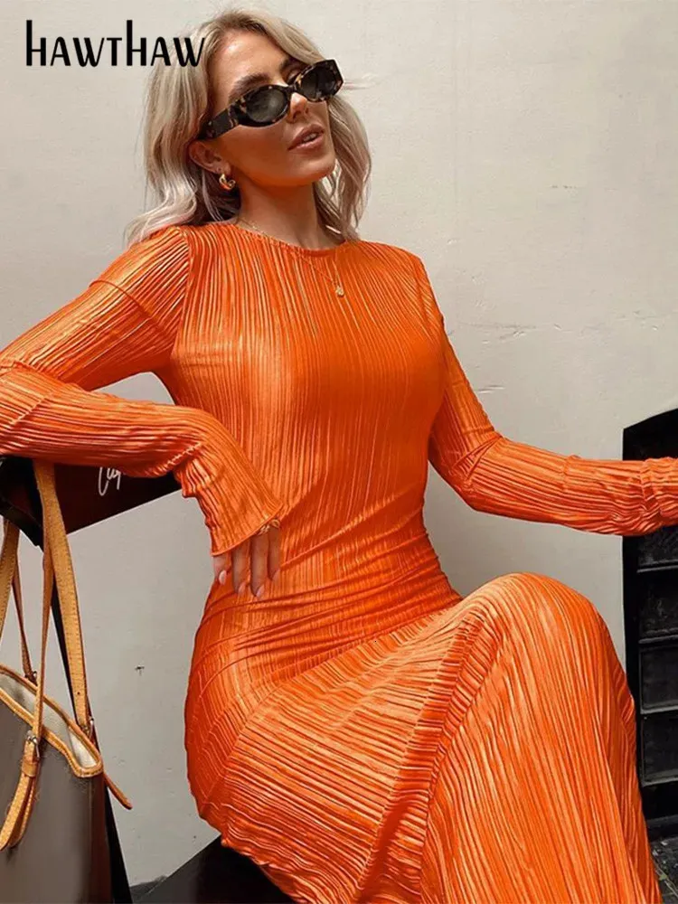 Hawthaw Women Fashion Long Sleeve Streetwear BodyCon Orange Midi Dress Autumn Ubrania Hurtowe Przedmioty dla biznesu 240219