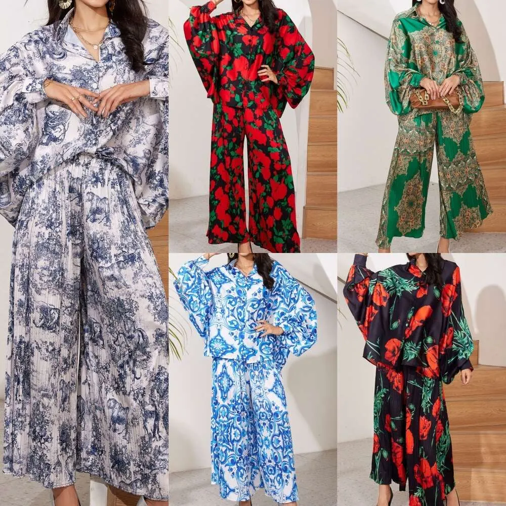 Summer Fashion Holiday Satin Printed Pleated Pants Long-sleeved Suit Bat Sleeves Long-sleeved Loose Large Size 2024 European And American New Fashion FZ229135