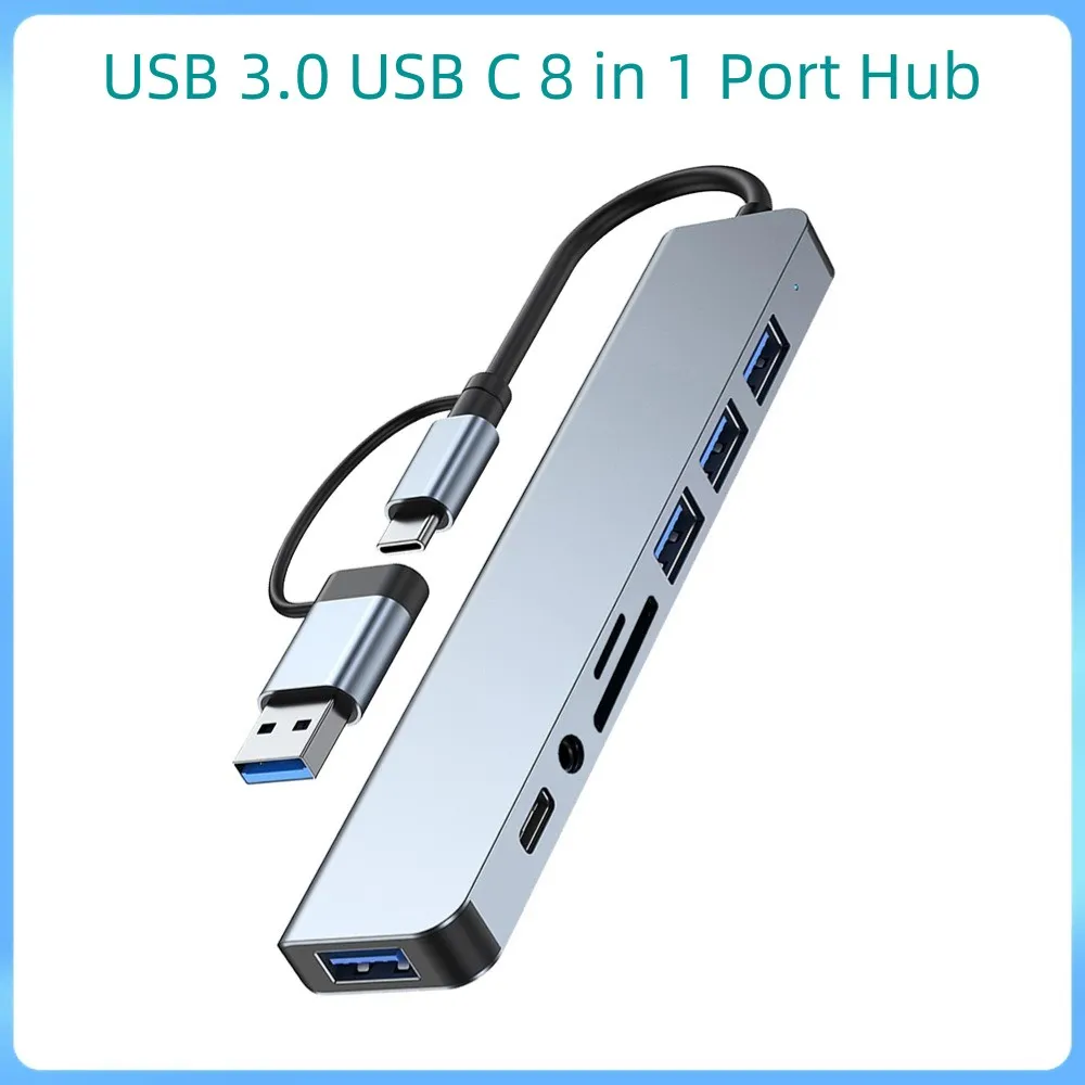 USB 3.0 USB C 8 in 1 Port Hub Type C SPLITTER DOCK MULTI-PORT ADAPTER لمحول الهاتف المحمول الكمبيوتر اللوحي