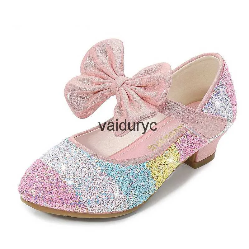 Flat Shoes Girls Leather Shoes Princess LDren Round-Toe Soft-Sole Big Girls High Heel Crystal singleh24229