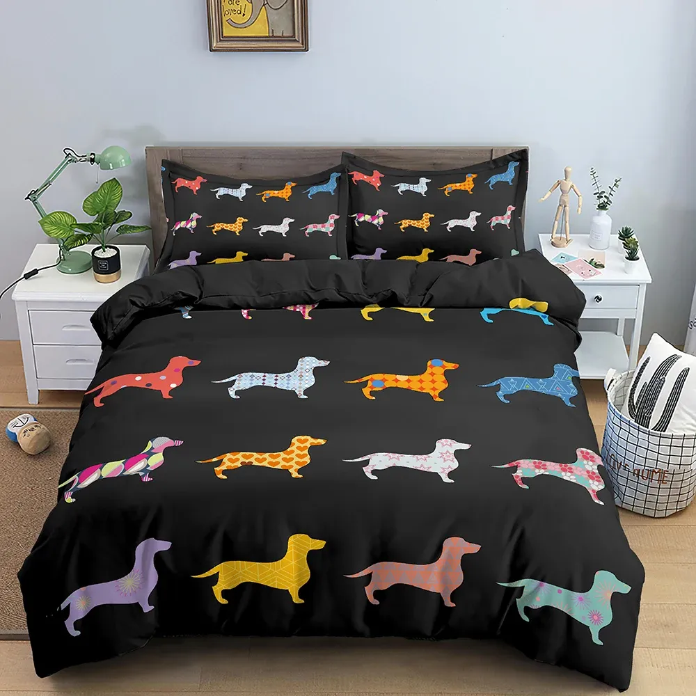 Sets teckelhond honden beddengoed set schattige kleurrijke puppy dekbedovertrek cartoon polyester quilt cover pet dog home textiel king queen 2/3pcs