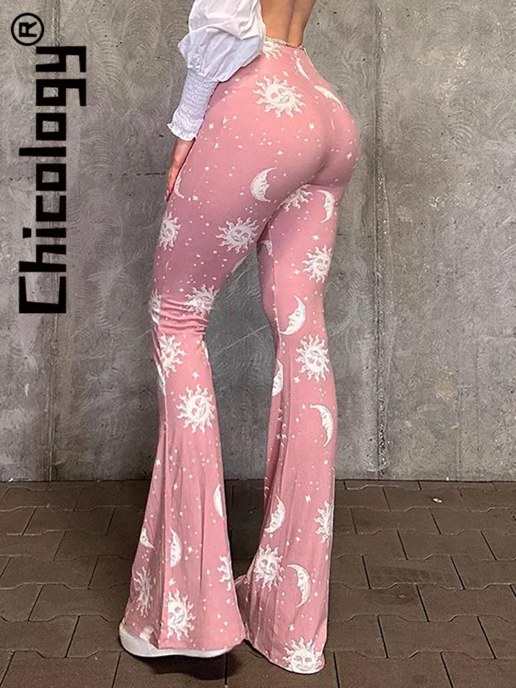 Capris Chicology Printed Pink Slim High Waist Flare Pants Sexy Sweet Streetwear Party Vacation Clothes Women Legging For Wholesale