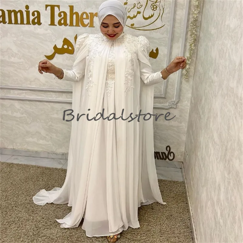 Lindo vestidos de casamento muçulmano com capa elegante chiffon boho turquia vestido de noiva manga longa renda boêmia país árabe noiva árabe dubai robes de mariee 2024