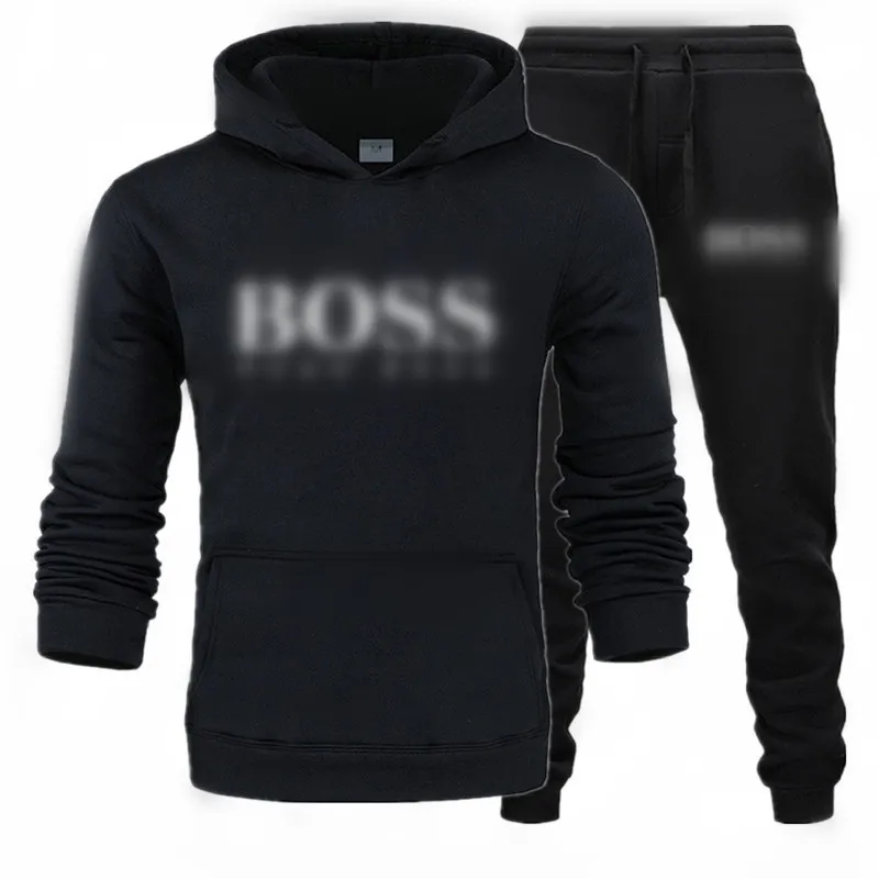 Bos nova marca agasalho moda hoodies para homens conjuntos de três peças de lã com capuz grosso + calças moletom terno esportivo