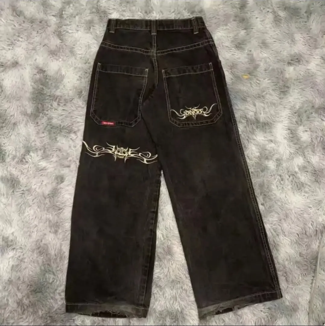 Mens Jeans Streetwear Jnco Y2K Hip Hop Cartoon Graphic Print Vintage Baggy Black Pants Män Kvinnor Hög midja breda benbyxor