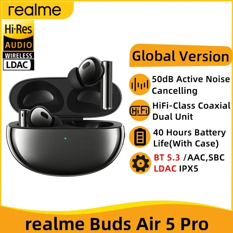 Hörlurar Global version Realme Buds Air 5 Pro TWS Earphone 50dB Aktivt brusavbrott True Wireless hörlurar Bluetooth 5.3 LDAC